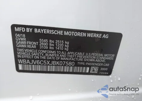 2018 BMW 640I Gran Turismo xDrive z USA, uszkodzony, nr VIN WBAJV6C5XJBK07580